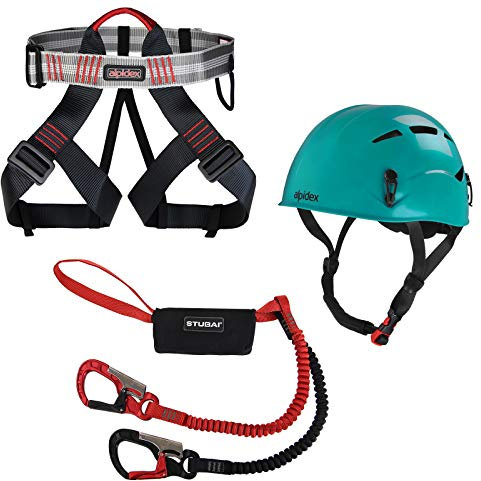 ALPIDEX Kletterhelm Klettergurt + Stubai Klettersteigset Basic 3.0, Farbe:Turquoise Green, Größe:Gurt - Universalgröße/red Pepper