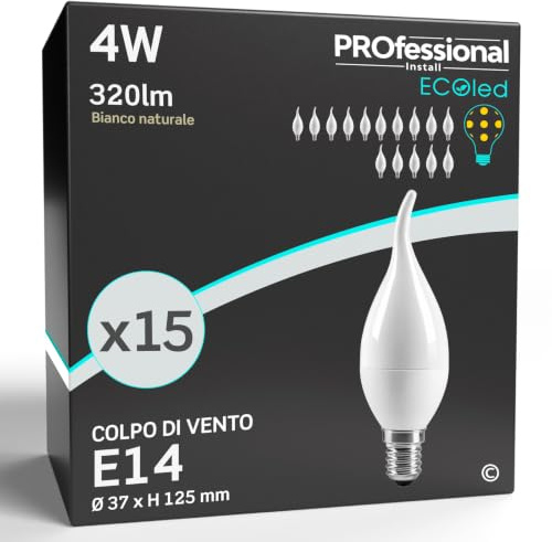 Eurocali 15 x Lampadine LED E14 4W Opaca 320 lumen - Forma: Colpo di Vento - Luce Bianco Naturale 4000K - Fascio Luminoso 200° - Materiale Termoplastico