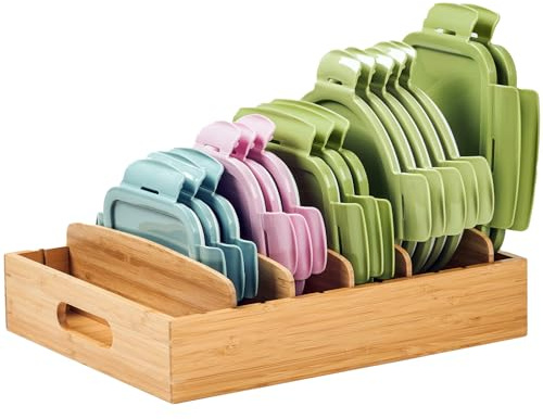 Umilife Kitchen Cabinet Organizer for Food Storage Container Lids, with Adjustable Dividers, Bamboo Drawer Caddy, Box for Kitchen Storage And Organization