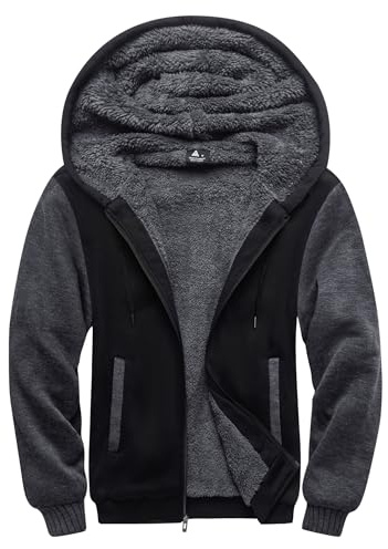 SCODI Hoodies for Men Heavyweight Fleece Sweatshirt - Full Zip Up Thick Sherpa Lined Hooded Jacket Black Grey L