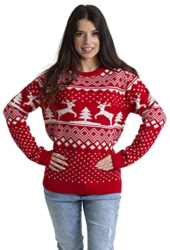 Damen Weihnachten Jumper Lange Ärmel Knit Rundhals Crew Christmas Xmas Sweater (Rot, S)