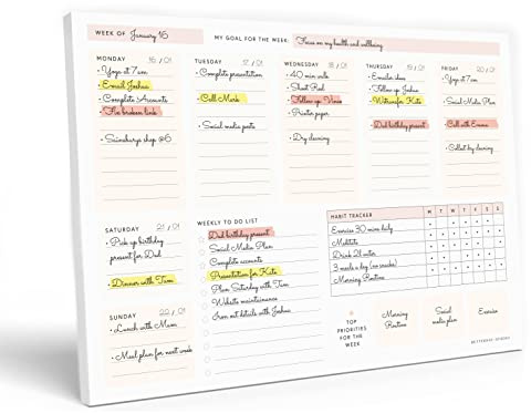 Bloc-notes A4 : planificateur hebdomadaire non daté pour la planification, bloc-notes à détacher, planificateur de productivité hebdomadaire avec suivi des habitudes, accessoires de bureau pour