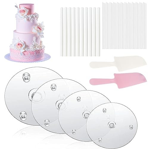 RZMZBY Set di tasselli per torte, 22 Pcs Alzate con 4 Pcs Base e 2 taglierine per dolci, Pioli per Torte A Piani, Alzata per Torta Multi-Livello, Multipiano Supporto per Torte a Più Piani