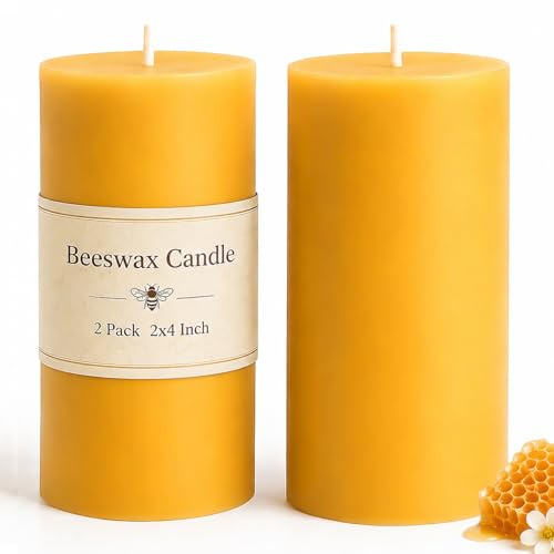 MOSROAD Lot de 2 bougies piliers en cire d'abeille 5,1 x 10,2 cm, non toxiques pour décoration d'intérieur, pilier naturel pur pour se détendre, prière, purification de l'air, urgence