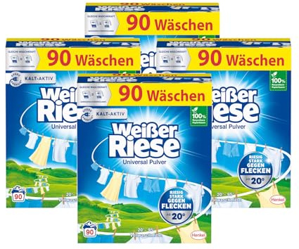 Weißer Riese Universal Pulver 360 Waschladungen (4x 90 WL), Vollwaschmittel wirkt riesig stark gegen Flecken, Kalt-Aktiv schon ab 20° C, ergiebiges Waschpulver, ideal für Familien mit Kindern