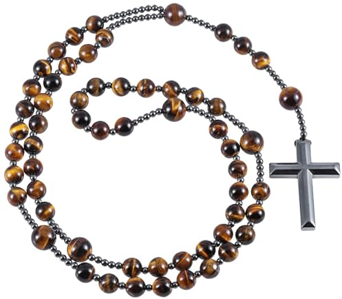 Nupuyai Catholic Rosary Beads Necklace, Hematite Crystal Cross Pendant Men