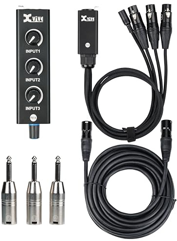 XVIVE PX- Sistema Mixer Audio a 3 Canali e Amplificatore Cuffie Individuale ad Alimentazione PoE o Batterie AAA, PXB Snake, Cavo CAT5 7,6m e 3 Adattatori XLR/JACK Inclusi- Ideale per Tecnici del Suono