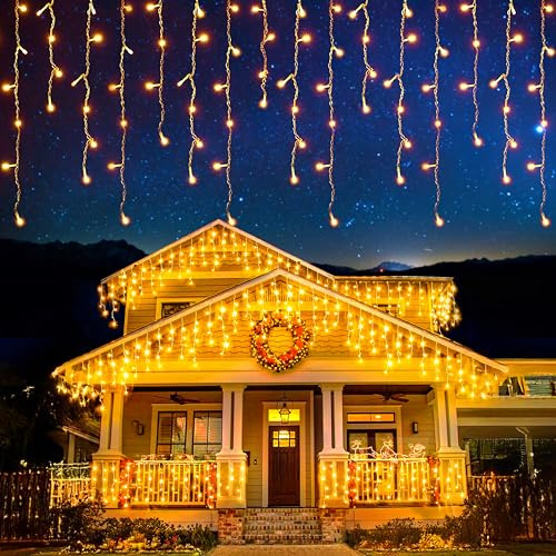 EcoNour Icicle Lights Outdoor Christmas Lights 360 LED 10M Warm White Decorations String Fairy Lights with Timer for Xmas Garden & Party | Mains Powered Clear Cable