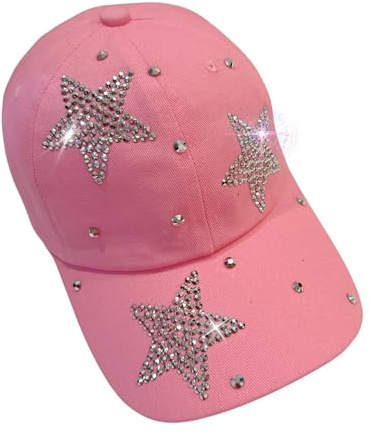 Popfizzy Strass-Baseballkappe für Damen und Mädchen, lustige Bedazzled-Hüte, glänzende Denim- und Diamant-Hut, Funkelnde Geschenke, Triple Star (Rosa), Einheitsgröße