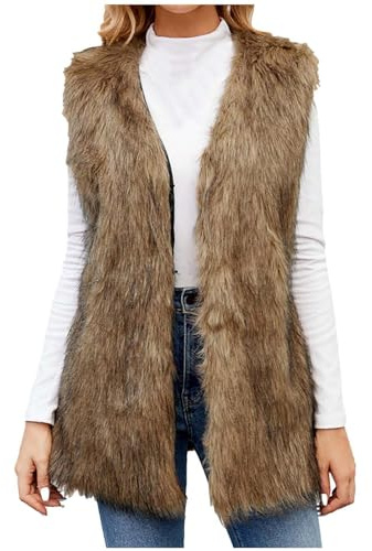 NZYIHAO Chaleco de Piel Sintética para Mujer - Elegante Chaqueta de Invierno Sin Mangas, Larga, Con Pelo Grande