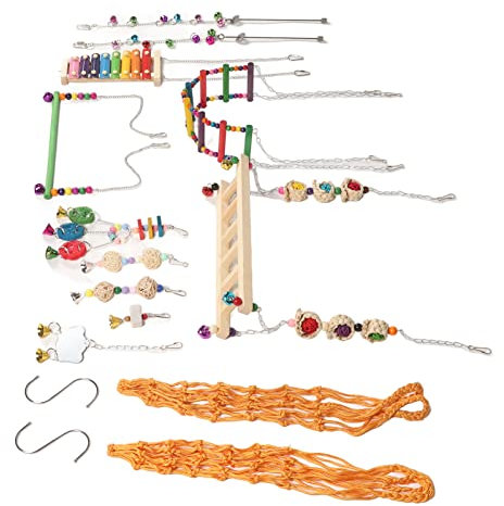 Vomeko 12 pezzi pollaio giocattoli colorati lira altalena ponte sospeso scaletta forchette da frutta specchio set di corde in rattan