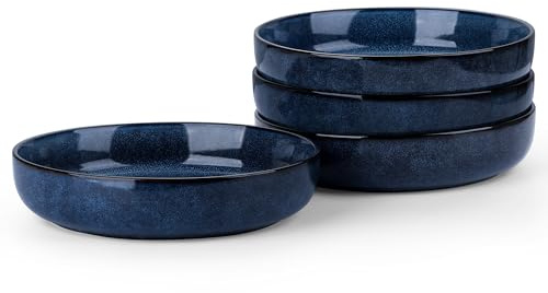 LIANYU Stoneware Pasta Bowls Set of 4, 35oz Large Salad Pasta Bowl for Home, Wide and Shallow Ceramic Plate Bowls for Serving Soup Dinner, Microwave & Dishwasher Safe, Sapphire Blue