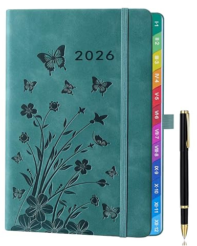 HwxBen agenda 2026 semana vista (enero - diciembre) – Verde Azulado, diseño floral, pestañas mensuales a color, 2 marcadores, soporte y lazo para bolígrafo, bolsillo interior.