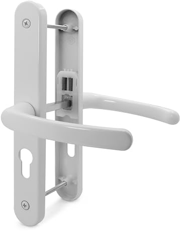 TSS UPVC Door Handle Set, 48mm PZ (Centres), Lever/Lever, Screw to Screw 200mm with Backplate 250mm x 34mm - Replacement PVC Door Handle (White)