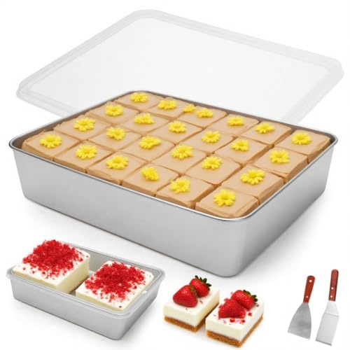 RANJIMA Teglia per dolci, in Acciaio Inox con Coperchio Ermetico 2 Spatole per Dolci Teglia Rettangolare per Cuocere Arrostire lavabile in lavastoviglie per Torte Brownies