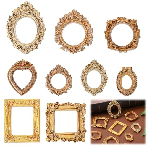 Nogeqi 9PCS Mini Gold Frames, Small Gold Picture Frames, Oval Rectangle Antique Resin Vintage Picture Frame Set for DIY Christmas Holiday Party Hotel Photo Jewelry Display Decoration (Assorted Styles)
