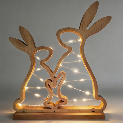 LUKIUP Conejito Pascua Madera con Luces LED Cadena, Decoracion Pascua Conejo Decoración Primaveral para Mesa, Adornos de Pascua para Interiores y Exteriores