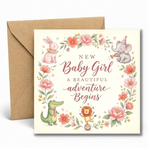 Edition Seidel Premium carte de naissance carrée avec enveloppe. Carte de vœux naissance bébé fille Hello motif animal (EQ188 SW026)