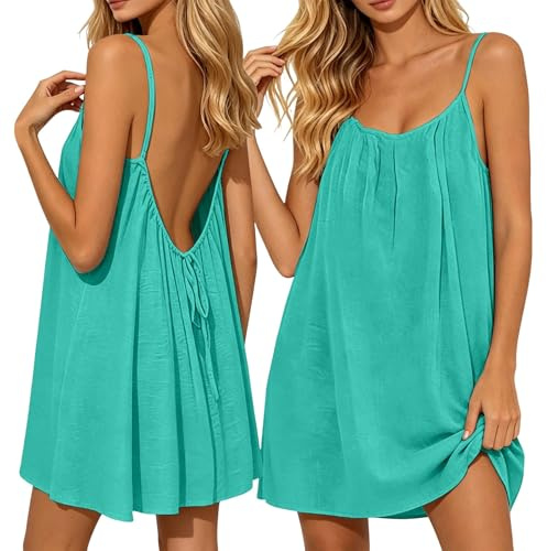 Robe Femme Caraco Dos Nu sans Manches Bretelles Spaghetti Courte Légère Fluide pour Vacances Plage Été Ajustable Chic Élégant Confortable Tendance Décontracté Mode Agréable Tenue Estivale Élégance