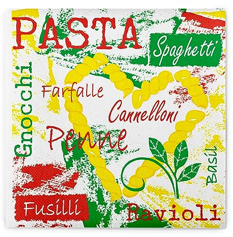 Sovie HOME Serviette PASTA in ROT-GRÜN-GELB, Linclass Airlaid, 40x40cm, 12 Stück, 1/4 Falz, Design verschiedene Pastasorten, hochwertig, dekorativ, festlich, Party, Italien