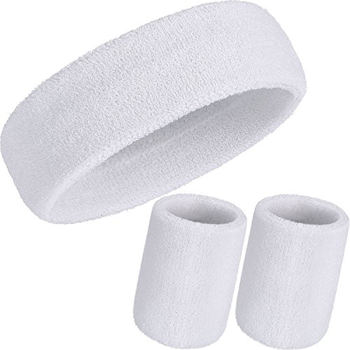 WILLBOND Set di 3 fasce tergisudore, include fascia sportiva e polsiere in cotone a righe, fascia per il sudore per uomini e donne atletici (bianco)
