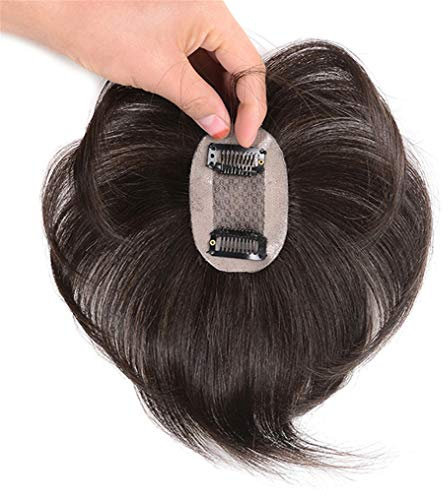 Toppers per capelli umani da donna con diradamento dei capelli, clip in 5 x 7,6 cm, base in seta per capelli, 17 cm, marrone scuro