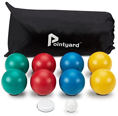 Pointyard Juego de bolas de bochas de 84 mm, juegos al aire libre para adultos y familia, juego de bolas de patio trasero con 8 bolas de bochas de polietileno, 1 palino, bolsa de transporte y cinta