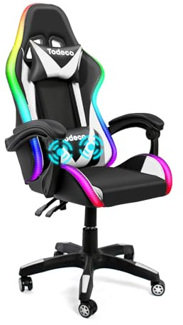 Todeco Gaming stol massage med ljus LED racing stol gaming fåtölj gamer ergonomisk kontorsstol justerbart ryggstöd höjdjusterbart snurrstol med nackstöd och ländkudde, vit