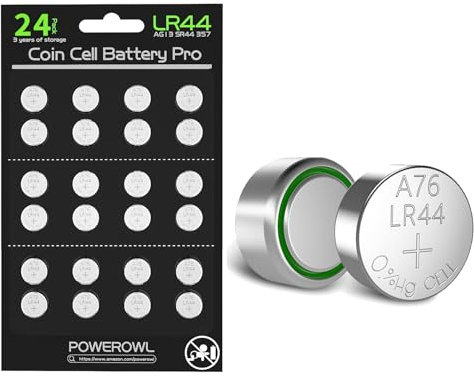 POWEROWL 24 Pcs LR44 Batteries, High Capacity 1.5V AG13 L1154F Batteries for Watches, Hearing Aids, Glucometer, Key Fobs, and Small Electronics