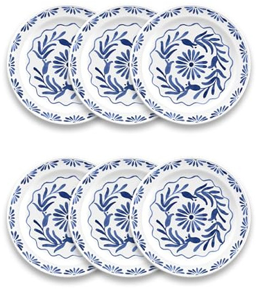 Abode Homewares Azul Salad Plate, 8.5-Inch, Pure Melamine, Indoor/Outdoor, Blue and White, Set of 6