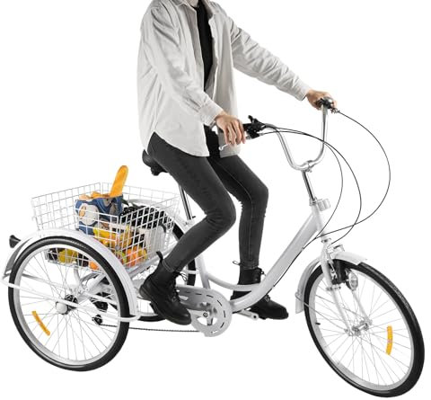 awolsrgiop 24 Zoll Erwachsene Dreirad, 3-Räder Dreirad für Erwachsene Weiß Fahrrad Tricycle Bike mit Korb und Lampe, 6 Gang Verstellbar Erwachsene Dreirad für Einkaufen, Outdoor-Sport, Picknick