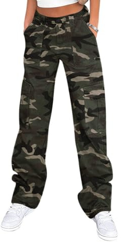 Cargo Pants Women Baggy Streetwear Y2K Drawstring Trousers Wide Leg Pants Camouflage Green