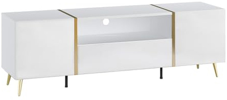 Vente-unique - Meuble TV avec 2 Portes, 1 tiroir et 1 Niche - Blanc Brillant et Doré - MARZIALO