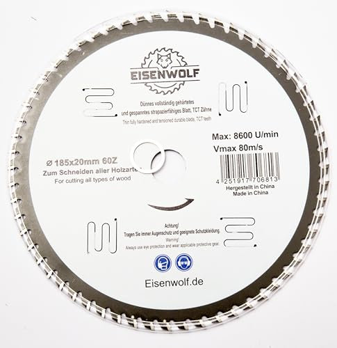 Eisenwolf 185x20 mm Hoja de sierra duradera y resistente, hoja de sierra circular para madera con 60 dientes TCT inclinados y cortes láser para reducir el ruido