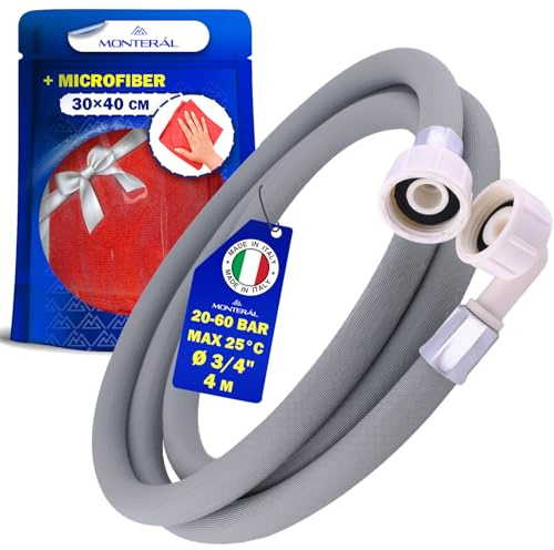 Tuyau Machine à Laver et Lave Vaisselle 4 m pour Arrivee Deau 25°C de 20 à 60 Bar Connexion est Droite et Coudée Ø 3/4 - Complet avec Chiffon Microfibre - MADE IN ITALY - MONTERAL