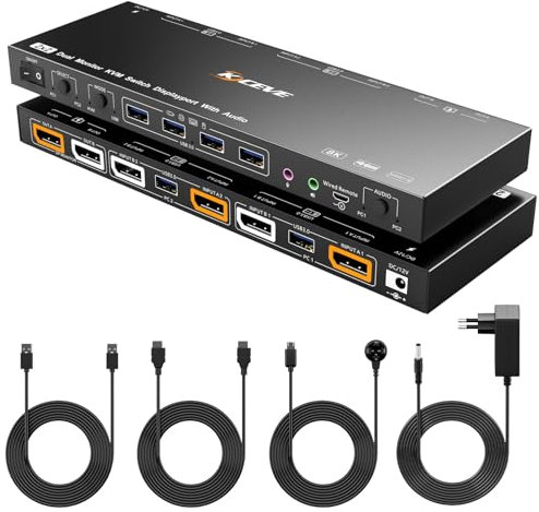 YOUTINGHDAV Switch KVM USB 3.0 2 PC 2 monitor DisplayPort, modalità switch per doppio monitor 4K @144Hz parti tastiera mouse, con estrattore di uscita audio da 3,5 mm