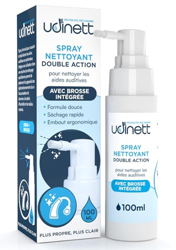 Spray Limpiador para Audífonos e Implantes Cocleares con Cepillo Integrado Udinett Sanitizante 100ml para Limpiar Auriculares Bluetooth Fórmula Sin Alcohol Elimina el Cerumen y la Suciedad