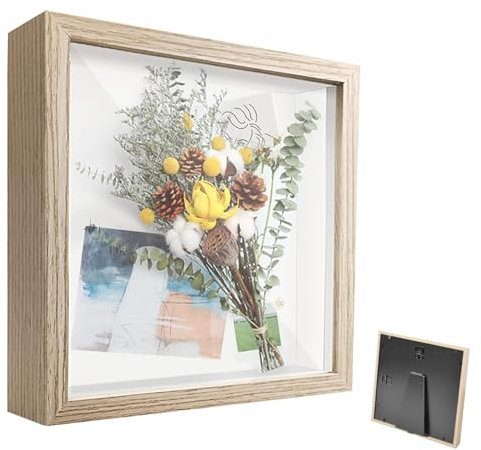 Cornice Portafoto 3D, Cornice Profonda da Riempire 20 x 20 cm, con Lastra Acrilica Trasparente, Cornice per Oggetti 3D Più Profonda di 3 cm, per Oggetti, Regalo di Nozze,Colore Legno