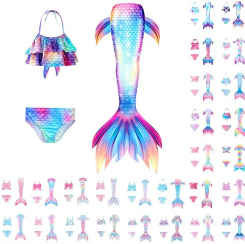 Schwimmanzug Kinder 3 Stück Badeanzug Damen Bikini Set Mädchen Tankini Set Sommer Bademode Kinder 3 teilig Badebekleidung für Pool und Meer hoher Taille Badehose + Tank Top + Schwimmflossen 110-150