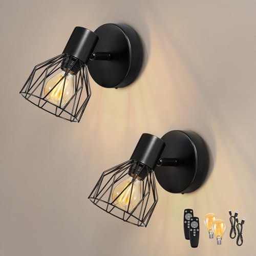 Dehobo Battery Operated Wall Light, 2 Set Wireless Wall Sconces with Dimmable LED Bulbs, Type-C Rechargeable Wall Lamps with Remote Control, Cordless Sconce for Indoor Bedroom Living Room Hallway