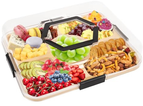 Charcuterie Boards with Clear Locking Lid and Black Handles,Travel Bamboo Charcuterie Board Fruit Tray Set with 5 Compartments,Wooden Serving Board for Cheese and food