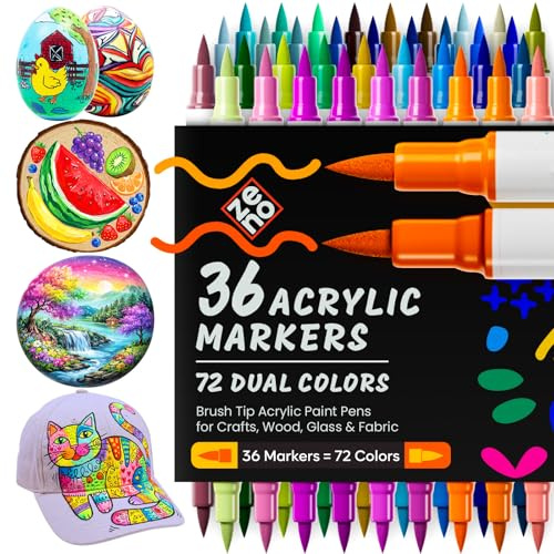 ZENO Feutres Acryliques 72 Couleurs – Set 36 Marqueurs Double Couleur, Feutres Double Pointe pour Coloriage, Dessin, Loisirs Créatifs, Peinture sur Papier, Verre, Bois, Tissu, Pierre