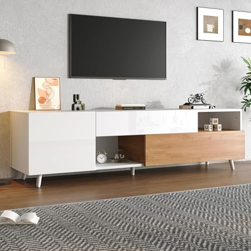 Merax Mueble de TV de alto brillo, mueble bajo para TV moderno con 2 puertas, 1 cajón, estantes abiertos, soporte para TV de hasta 75 pulgadas, para comedor, salón, 180 cm, color blanco y madera