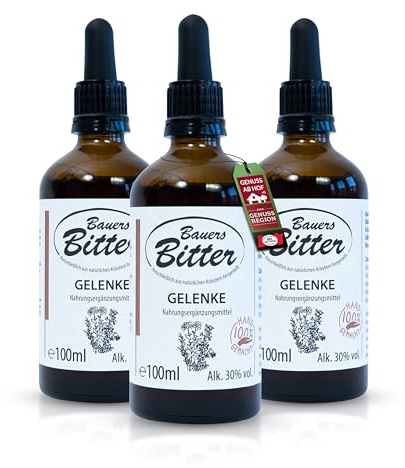 Bauers Bitter® Articulaciones 3 x 100 ml – Gotas amargas hechas a mano con 9 hierbas y raíces – Para articulaciones sanas y agilidad, para orales y frotamientos sin aditivos – Fabricado en Austria