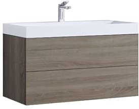 StoneArt Badmöbel Set mit Mineralguss Waschbecken und Unterschrank Waschtisch als Einzel- oder Doppelwaschbecken mit Unterschrank ohne Armaturen Brugge BU-0901 Eiche hell 90cm