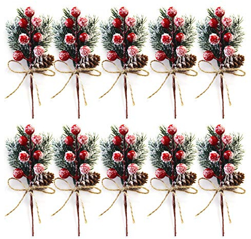 10 Tallos de Bayas Rojas de Navidad de 15 cm, pequeñas púas de Pino Artificiales y Aerosoles de Navidad con Conos de Pino, Adornos de Flores de Navidad para Coronas de Navidad,