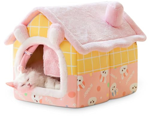 ALLSOPETS Dog House Indoor Cat House, Warm and Cosy Cat Igloo Bed, Foldable Pet Bed with Roof, Comfortable Dog Nest with Removable Cushion (Pink Bunny, L)