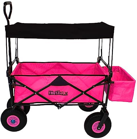 TRUTZHOLM Bollerwagen faltbar 80 Liter 4 PU Räder Platzsparend Gartenwagen Transportwagen Handwagen Strandwagen Kinderbuggy Ausflug Einkauf (Pink, Mit Dach)