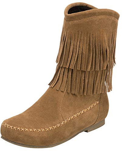 ANUFER Women's Fashion Double-Fringe Moccasin Boots Mid-calf Cowboy Boots Brown SN02781 US9.5