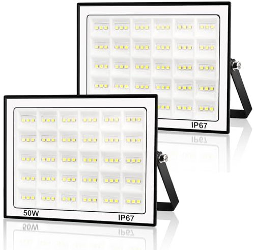 URTBST 50W LED Strahler Außen, 5000LM IP67 Wasserfest Fluter, Superhell 7000K Kaltweiß Scheinwerfer für Garten, Hinterhof, Garage, Lager, Flur (2 Stück)